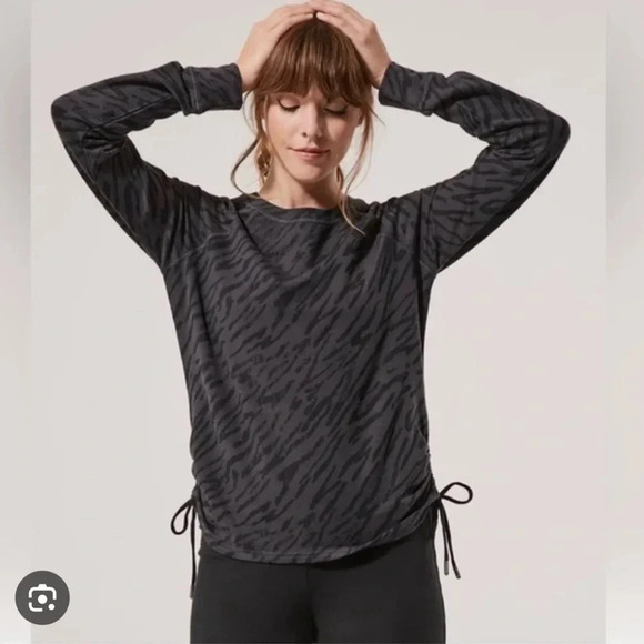 Pact Tops - PACT Women’s ORGANIC SM Gray Black Tonal Zebra Cinch Tie Pullover Long Sleeve